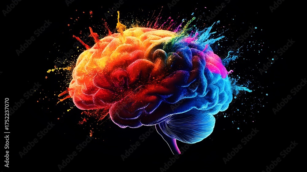Obraz premium A vibrant brain illustration with splatters of paint against a black background design concept art