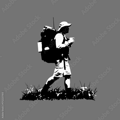 High contrast graphic illustration of a person backpacking on an outdoor adventure, walking with a large rucksack.