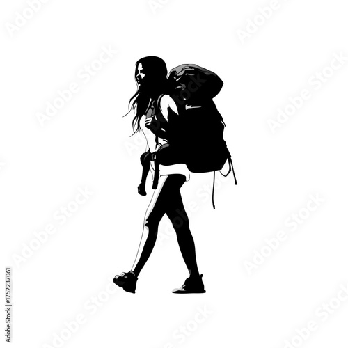 Female Adventurer Silhouette with Large Backpack Hiking, Outdoor Travel and Exploration Vector Illustration