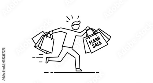 Excited shopper running with many bags during a flash sale.