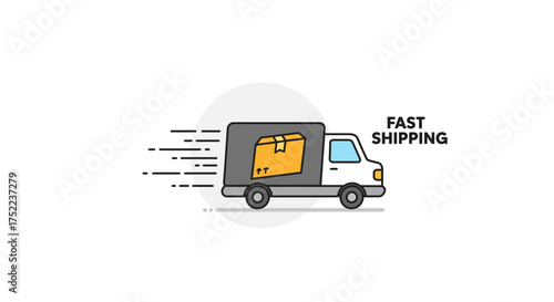 Fast shipping delivery truck carrying a package illustration.