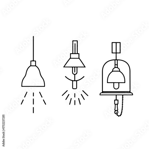 A collection of various home and office lighting fixtures. This set includes a pendant lamp, a desk lamp, and a vintage lantern, representing interior design, illumination, and decorative objects. Is
