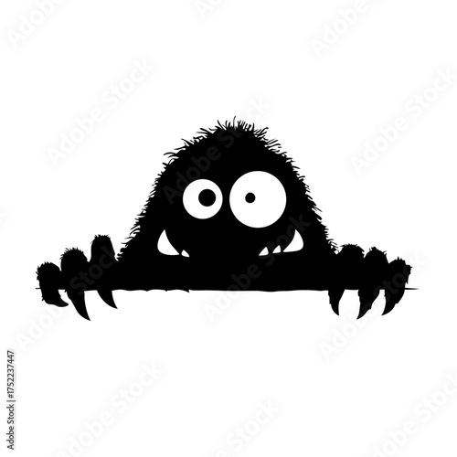 Cute furry black monster silhouette peeking, cartoon creature with big eyes and fangs, playful design element, funny character hiding