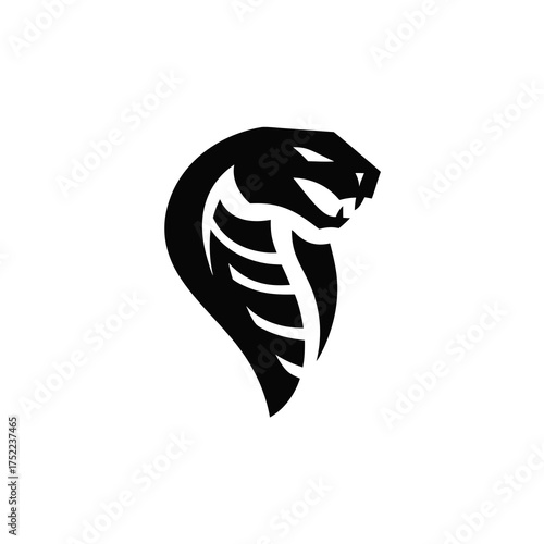 Sleek black cobra snake head silhouette graphic vector, minimalist design symbolizing danger, power, and wild predatory nature.