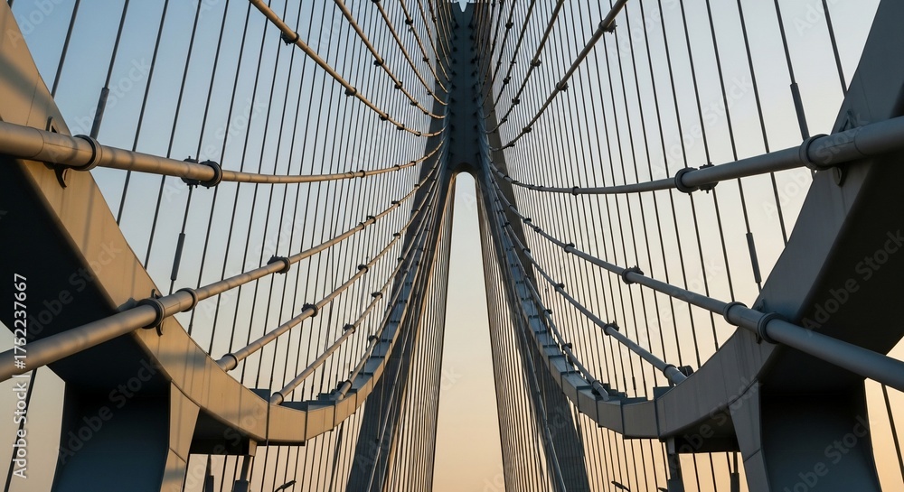 Obraz premium Modern Cable Stayed Bridge Structure Against a Clear Sky at Sunset.