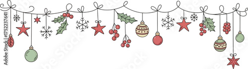 Hand Drawn Christmas Garland with Ornaments Stars and Holly on White Background