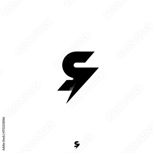 Modern stylized letter S logo concept with dynamic lightning bolt element. Bold black initial S icon representing speed, power, and energy.