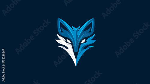 Stylized blue fox head digital illustration, modern abstract animal logo design, creative geometric fox face vector art