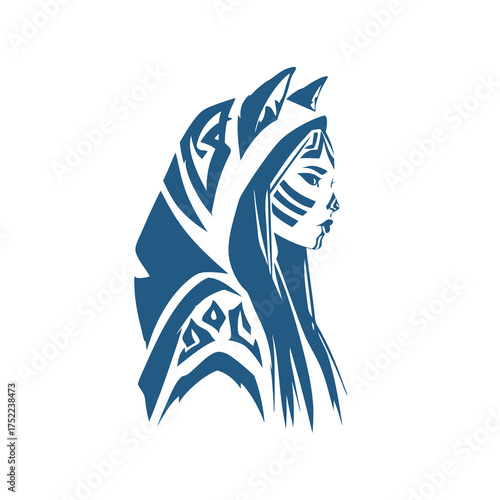 Stylized blue illustration of a mysterious tribal woman in profile with face paint and a hooded cloak with animal ears design.