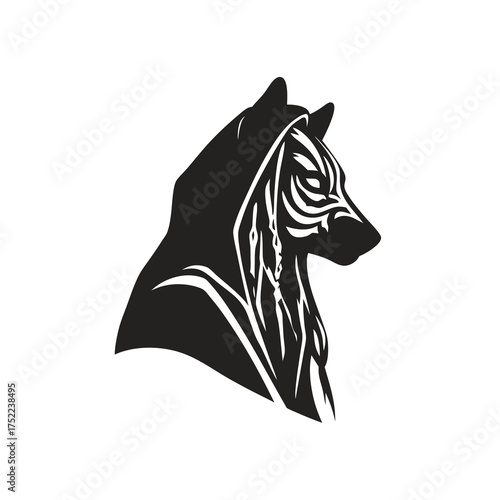 Stylized hooded wolf head vector illustration in black and white, featuring intricate tribal markings and a mysterious profile.