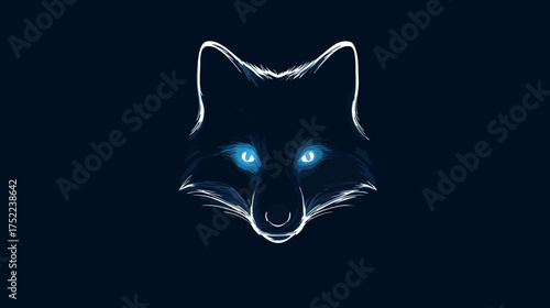 Abstract digital artwork of a glowing white fox head with piercing blue eyes against a dark, minimalist background. Mysterious animal art.
