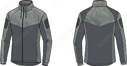 jacket technical outdoor active long sleeve collar high zipper closure pocket zip panel contrast fabric seam curved hem apparel garment clothing fashion textile template vector sketch illustration pro