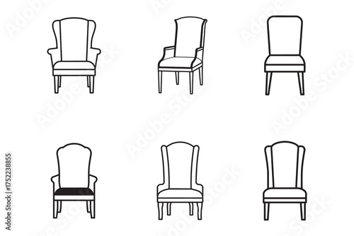 Set of Six Different Chair Line Art Illustrations Minimalist Furniture Design with Classic and Modern Styles for Interior Decor