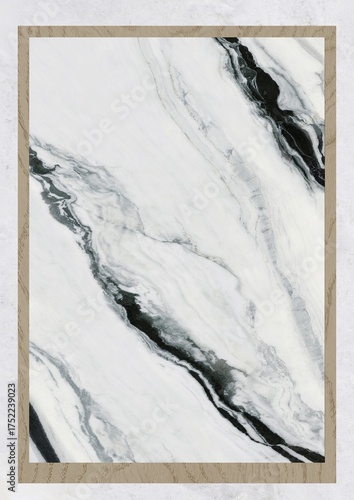 Close-up of white marble with black veining framed in wood