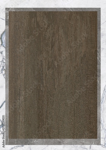 Dark wood panel with marble border on a marble surface
