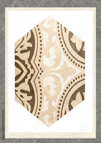 Hexagonal pattern with ornamental design in beige and brown tones