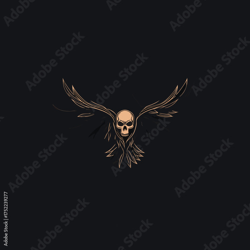 Intricate golden winged skull emblem illustration, dark background, mystical bird creature, fantasy art, symbolic design