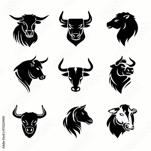 Bull and horse heads, black and white graphic icons