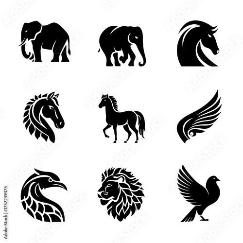 Silhouette animal icons elephant, horse, eagle, lion, dove, wing