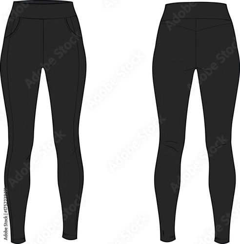 leggings women high waistband contour seam pocket fitted stretch apparel garment clothing fashion textile template vector sketch illustration design pattern modern stylish sporty activewear wardrobe p