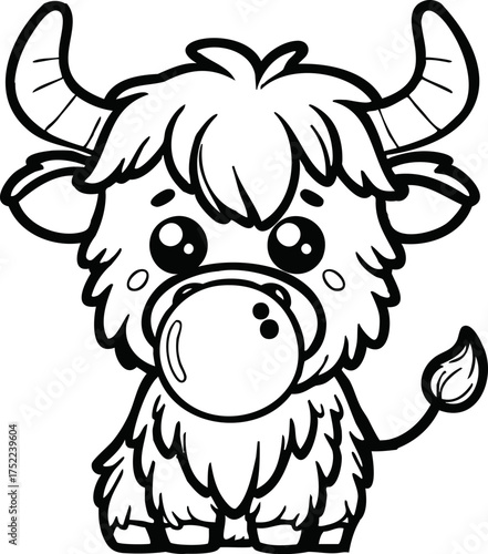 Cute highland cow blowing bubble gum, black and white vector illustration, adorable animal line art with playful expression and minimalist composition with copy space