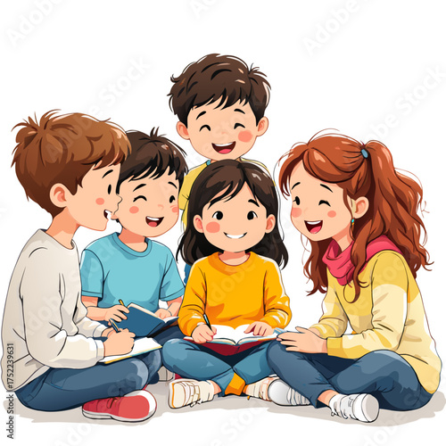 A diverse group of happy cartoon children sitting in a circle reading books and studying together.