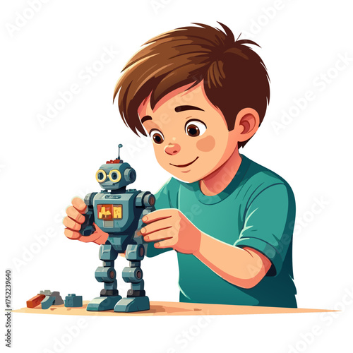 A focused young boy with brown hair carefully assembling a small blue humanoid toy robot.
