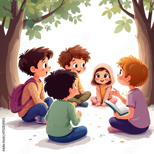 A group of five cartoon children sitting in a circle listening to a story from a book.