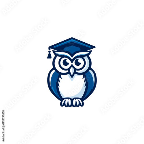 Blue and White Stylized Wise Owl Wearing a Graduation Cap. Academic Education Mascot for Learning, Wisdom, and Knowledge.