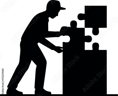 Silhouette of a person assembling puzzle pieces with a digital interface