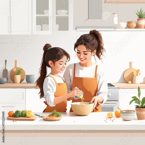 A happy mother and daughter in aprons lovingly preparing a meal together smiling as they mix ingredients in a bowl.