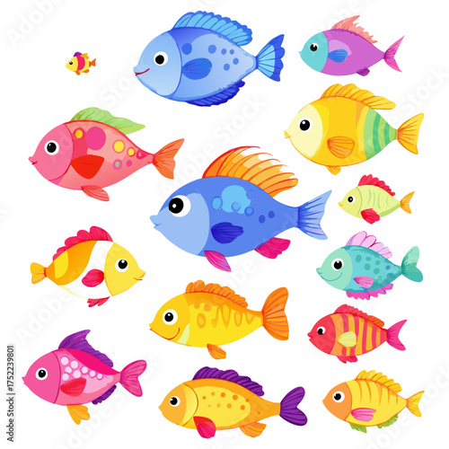 A vibrant collection of cute colorful cartoon fish characters with various patterns spots and stripes.