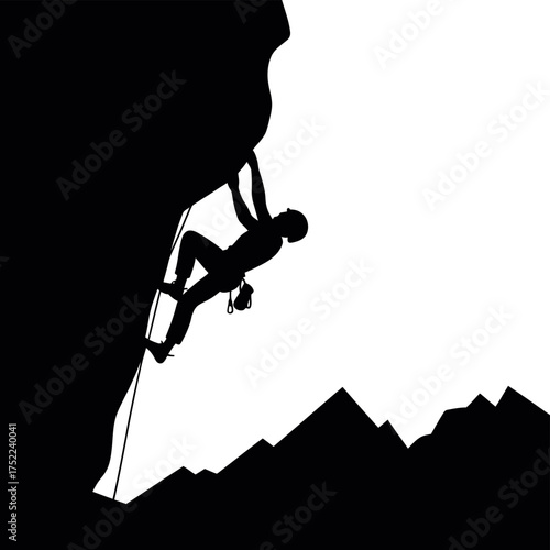 Silhouette of a rock climber scaling a steep cliff face