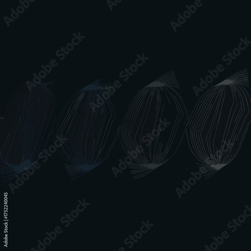 Abstract sequence of four ethereal cocoonlike forms created with delicate radiating lines in muted tones.