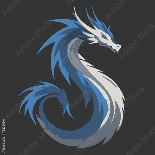 Stylized blue and white dragon illustration curled in S shape, mythical fantasy creature graphic design, elegant digital art on dark background.