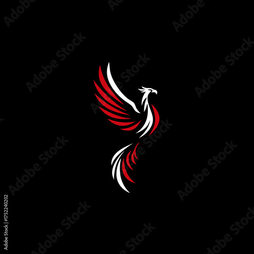 Stylized red and white mythical bird, a powerful soaring creature with outstretched wings against a black background. Majestic legendary beast concept.