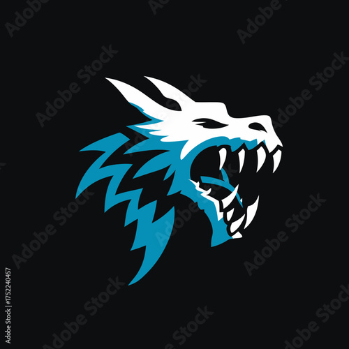 Fierce stylized wolf head illustration with sharp teeth, a modern blue and white predator mascot graphic design on black.