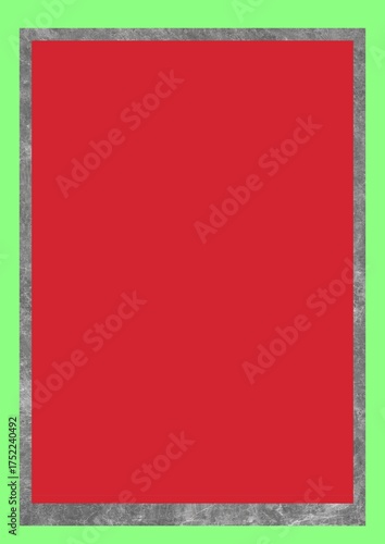 A red square centered within a gray textured border on a green background