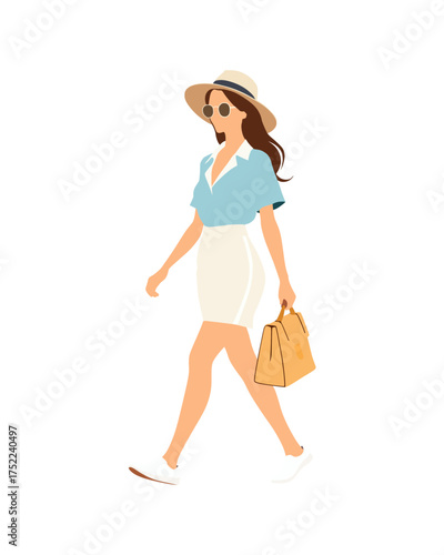 Flat vector people and illustration, woman with casual vacation outfit
