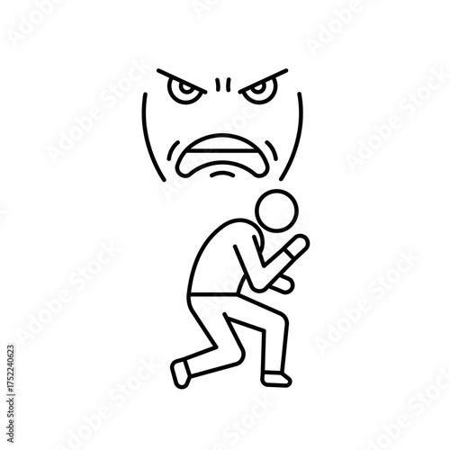 Angry face looming over person in defensive posture ready to fight.