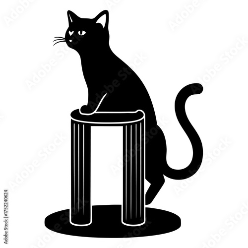 Stylized black cat silhouette sitting atop a scratching post with a curved tail