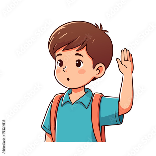 Adorable cartoon boy with dark hair blue shirt orange backpack raising hand surprised expression.