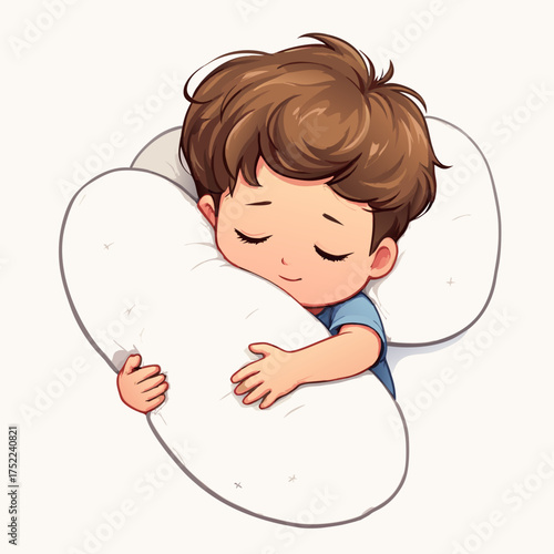 Adorable Cartoon Child Snuggling a White Pillow with Closed Eyes.