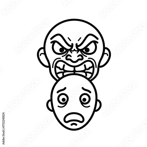 Monochrome line art illustration of an angry face dominating a scared face.