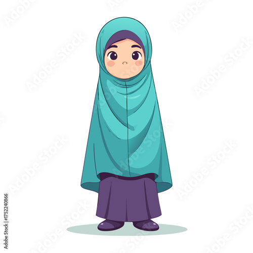 Adorable cartoon girl wearing a teal hijab and purple dress.
