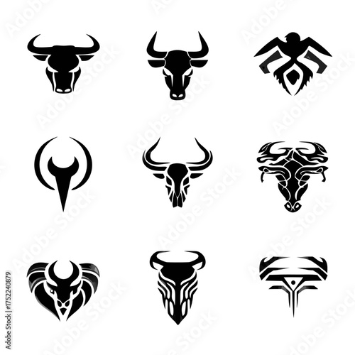 Nine black bull head logos on white background