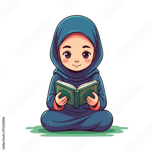 Adorable Cartoon Muslim Girl Reading a Book While Sitting CrossLegged.
