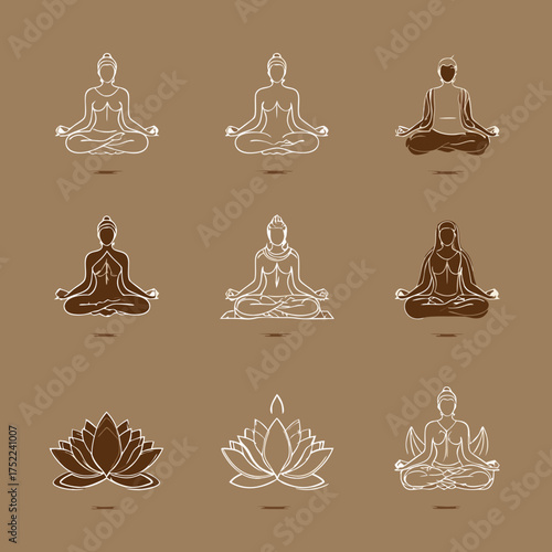 Yoga poses and lotus flowers in meditation on brown background