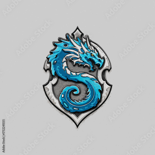 Stylized blue dragon emblem with intricate details, fantasy creature crest design, mythical serpent symbol, digital art illustration.