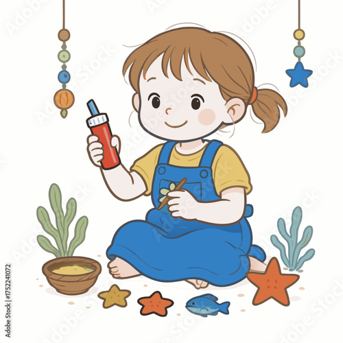 Adorable young girl in blue overalls playing with sand toys.